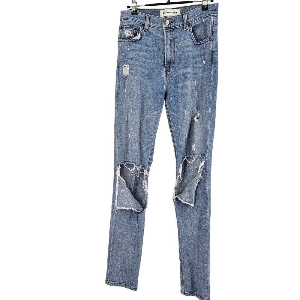 Reformation Jeans Blue Ripped Knee Distressed High Rise Straight Leg Denim Sz 27